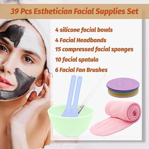 39 Pcs Esthetician Facial Supplies Set: 4 Silicone Facial Bowls, 4 Facial Headbands, 15 compressed sponges, 10 facial spatula, 6 Facial Cosmetic Fan Brushes for Mud Cream, Makeup Peel, Face Cleansing thumbnail 4