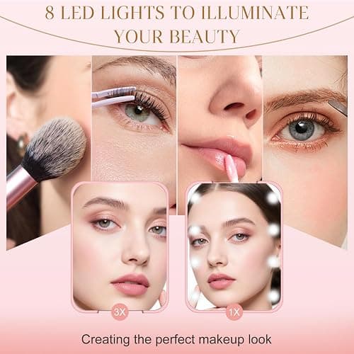 Kakuje Compact Mirror, 1X/3X Magnification LED Pocket Mirror with Nternal BIattery, Mini Mirror for Purse, Pocket,Travel and Present (Pink) thumbnail 3