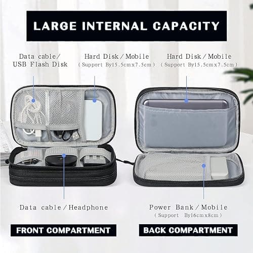 Travel Cable Organizer Bag, Electronic Accessories Organiser, 2-Layer Carry Case Portable Waterproof Double Layers, All-in-One Storage Bag for Cable, Cord, Charger, Phone, Earphone (Black) thumbnail 6