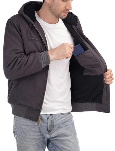 TUAOVA Men's Loose Fit Quilted Flannel Lined Workwear Waterproof Active Jacket Hooded Work Coat thumbnail 5