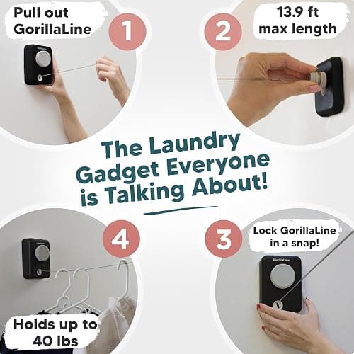 GorillaLine Max – Retractable Clothesline Indoor Outdoor, Non-Sagging Heavy Duty Clothes Drying Line, Wall Mounted Drying Rack, Air Dry Clothing, Max Tighten with GorillaGrip thumbnail 3