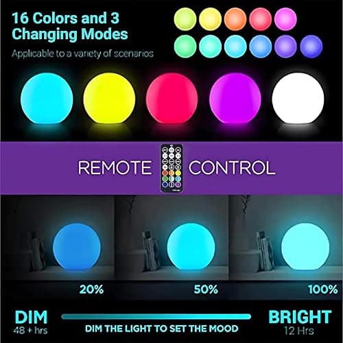 LOFTEK 6-inch LED Light Ball: Nursery Night Light with Remote Control, 16 RGB Color Changing & Dimming Rechargeable, Cordless Portable Floating Pool Lights for Kids or Decor thumbnail 4