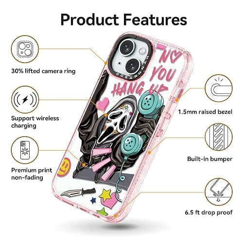 Rosarnnah Compatible for iPhone 15 Case Cute - Durable Shockproof 6.6 ft Drop Impact Phone Case - Funny Skeleton Design for iPhone 15 6.1" Glitter Pink thumbnail 5