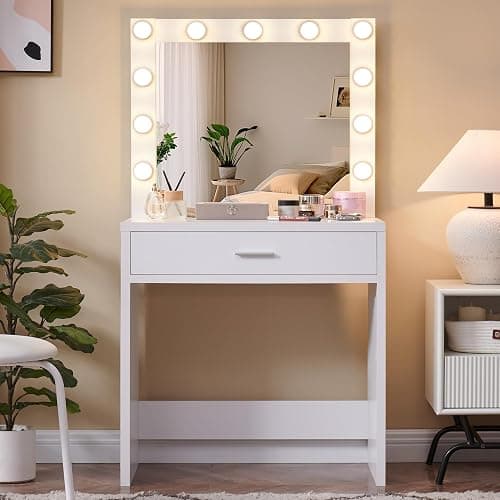 FITSCROPR Vanity Desk with Lamp Bulb Mirror Makeup Vanities Table Drawers,Vanity Storage Bench,for Bedroom White thumbnail 3