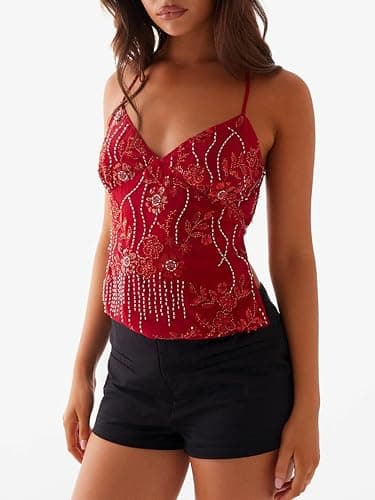 YILEEGOO Women Sequin Sparkle Open Back Criss Cross Straps Tank Top Y2k Pearl Embellished Cami Tops Sexy Bling Glitter Rhinestone Camisole thumbnail 5