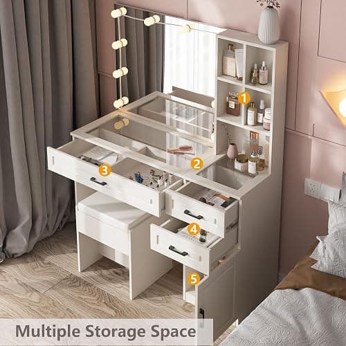 Fameill White Vanity Desk with Mirror and Lights,Glass Top Vanity Table with 3 Drawers and Cabinets,Large HD Mirror Makeup Desk,3 Lighting Modes, Brightness Adjustable,45 in(L) thumbnail 5
