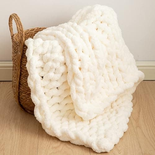 WESHIONGOO Chunky Knit Blanket Throw 40"×40" Knitted Throw Blankets for Couch Bed Fluffy Soft Blanket with Jumbo Chenille Yarn Thick 100% Handmade (Cream White) - Image 1