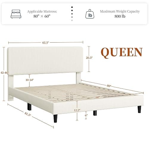 Yaheetech Queen Bed Frames with Adjustable Headboard, Chenille Fabric Upholstered Headboard/Platform Bed, Queen Size Bed Frame No Box Spring Needed/Wood Slats Support/Easy Assembly/Beige thumbnail 2