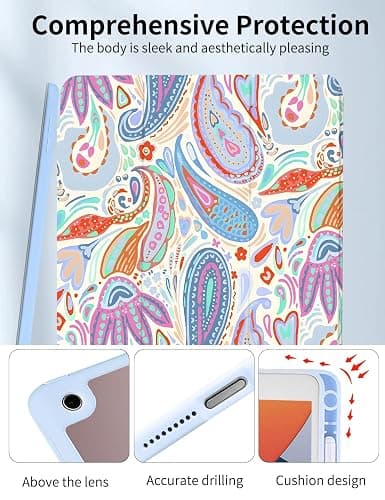 Rvciby Case for iPad 9th/ 8th/ 7th Generation Case 10.2 Inch (2021/2020/2019 Release), Slim Lightweight Soft Trifold Clear Back Transparent Cover with Pencil Holder & Auto Sleep/Wake Cover,Paisley thumbnail 3