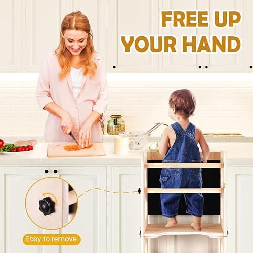Woodure 4-in-1 Toddler Kitchen Step Stool, Foldable Learning Standing Tower with Blackboard, Wooden Kitchen Stool Helper for Kids, 1-3 Year Old Boy Girl Gifts thumbnail 6