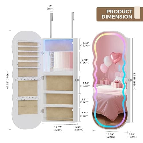 Lvifur RGB Lighted Mirror Jewelry Cabinet,LED Wavy Wide Mirror with Storage, Wall or Door Mounted Jewelry Organizer with Interior Mirror,Lockable Jewelry armoire,Gift Ideal thumbnail 3
