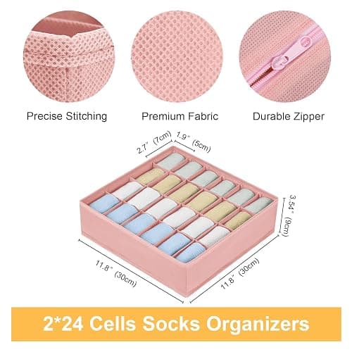 Joyoldelf Sock Organizer Drawer Organizer - 2 Packs Underwear Organizer, 24 Cells Collapsible Closet Organizers and Storage Sock Holders Organizers for Storing Socks, Ties, Belts(Pink) thumbnail 2