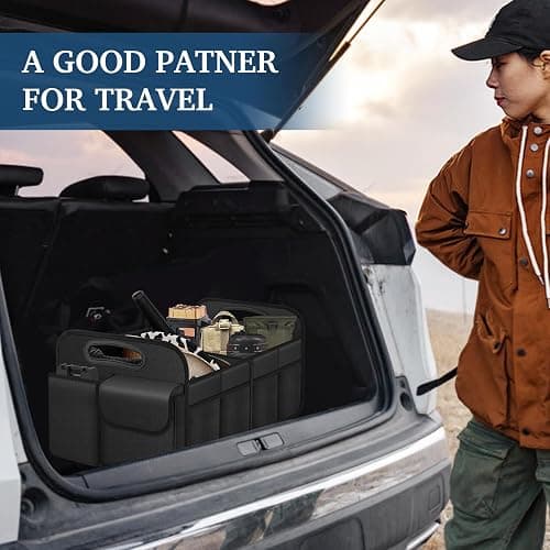 Femuar Car Trunk Organizer-Collapsible Car Storage for Suv/Jeep/Sedan | Large Capacity Waterproof Car Organization, Car Accessories for Women & Men, Tools, 600D Oxford,Black,2 Compartments thumbnail 7