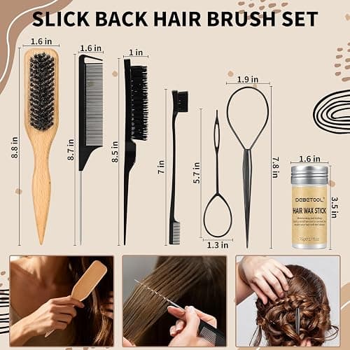 DEBETOOL 10-Piece Slick Back Hair Brush - Boar Bristle Hair Styling Tools Kit with Edge Brush & Wax Stick for Men Women, Kid thumbnail 2