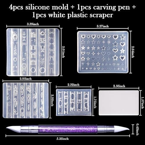 Laza 4pcs Rococo Silicone Nail Art Molds, Multiple Virgin Mary Nail Molds | Reusable Nail Molds for Nail Art, Good Elasticity, 3D Nail Mold, Mirror Frame, Heart, Bowknot Molds with Scraper & Pen thumbnail 3