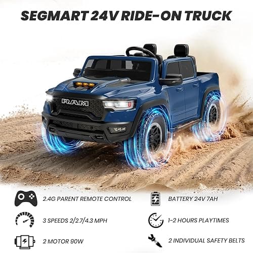 Segmart 2 Seater Electric Car Licensed RAM 1500 RHO, 24V Kids Ride On Truck w/Remote Control, Toddler Ride on Car Toys w/LED Lights, Bluetooth, Music, Truck Bed Storage, Soft Start (Blue) thumbnail 3