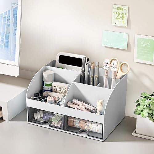COMFYROOM Desk Organizer with 6 Compartments and 2 Drawers, Plastic Makeup Organizer, Pen Holder for Desktop Storage, Desk Organization for School, Home, Office Supplies (Grey) - Grey thumbnail 4