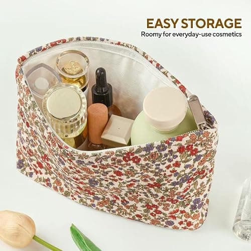 3Pcs Floral Makeup Bags, Cosmetic Bags for Women, Large Capacity Corduroy Makeup bag Set and Portable Mini Makeup Bag,Aesthetic Women Handbags Purses, Travel Essentials Aesthetic Stuff (Floral 01) thumbnail 6