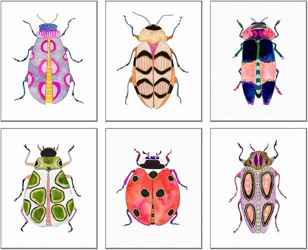 Colorful Insect Wall Art Prints,Watercolor Blue Beetle Ladybug Canvas Painting Colorful Insect Wall Art Poster for Kids Baby Room Decoration Home Decor Picture,Set of 6 (8"X10"inches,Unframed). - Image 1