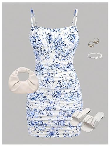Floerns Girl's Floral Print Spaghetti Strap Bodycon Dress Mesh Ruched Cami Mini Dress thumbnail 3