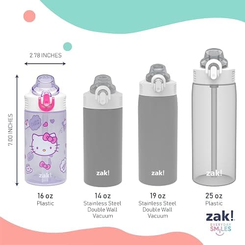 Zak Designs Sanrio Sage Kids Water Bottle For School or Travel, 16oz Durable Plastic Water Bottle With Straw, Handle, and Leak-Proof, Pop-Up Spout Cover (Hello Kitty) thumbnail 3
