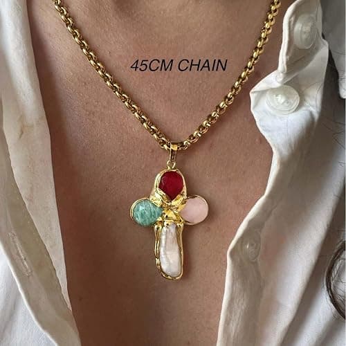 Colorful Cross Zircon Pendant Necklace, Dainty Gold Cross Pendant Necklace, Adjustable Chain Jewelry for Women thumbnail 2