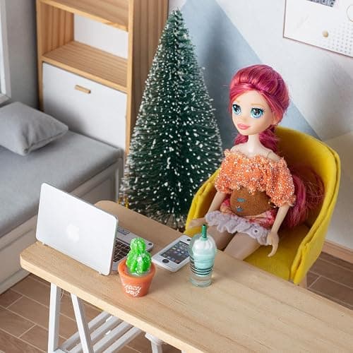 12Pcs Dollhouse Miniature Laptop Computer Tablet Phone Lamp Book Glasses Coffee Headset Simulation Accessories 1/12 1/6 Toy Pad Play Set Fits Barbie Doll Girl Mini Drink Party Office (Bule) thumbnail 2