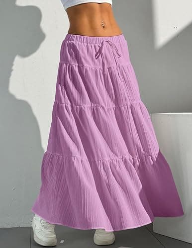 DERAX Women's Boho Flowy White Maxi Skirt Flared Ruffle Elastic Waist Summer A Line 2026 Spring Long Skirts thumbnail 5