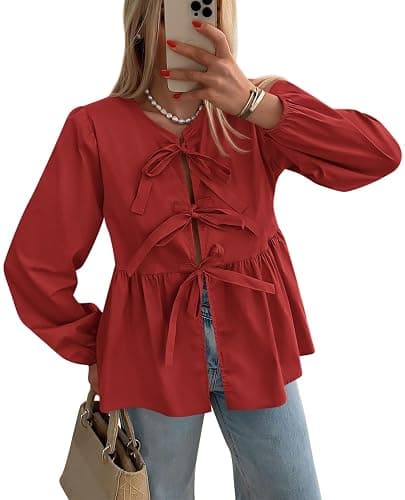 PRETTYGARDEN Women's Spring Fall Babydoll Peplum Blouse Shirt Puff Long Sleeve Bow Tie Front Trendy Cute Y2K Going Out Tops - Image 1