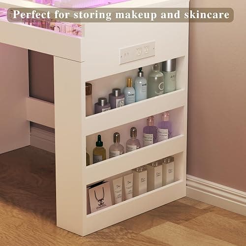 HUAHUU Vanity Desk with Lighted Mirror & Transparent Top, Makeup Vanity Desk with 4 Transparent Drawers and RGB Lighting, Built-in Power Outlet, 3-Tier Side Shelves & Storage Organizer for Bedroom thumbnail 8