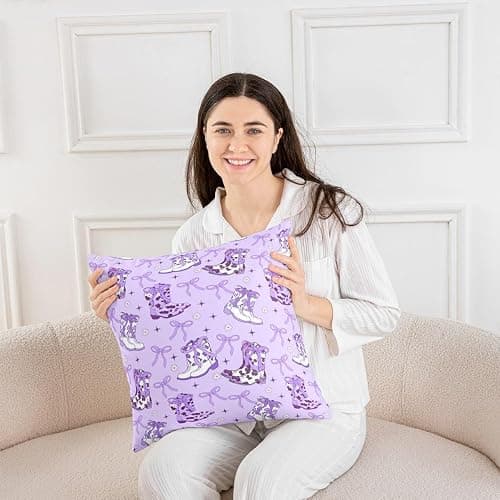 Erosebridal Western Decor Throw Pillow Covers Cowgirl Bow Cushion Covers 16X16 Inch Purple Bowknot Cushion Cases for Bed Couch Living Room Southwest Boots Farmhouse Pillow Inserts Not Included thumbnail 6