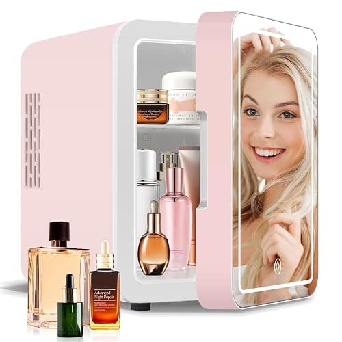 NISHCON 4-Liter Pink Portable Mini Fridge for Skincare Beauty Cosmetic Makeup With Mirrored Door and Dimmable LED Light - Image 1