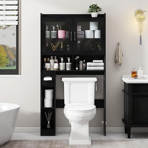 Vabches Over-The-Toilet Storage Cabinet, Farmhouse Style with 2 Acrylic Waves Doors, Space-Saving Home Storage Rack for Restroom, Bathroom and Laundry Room.Black. - Image 1