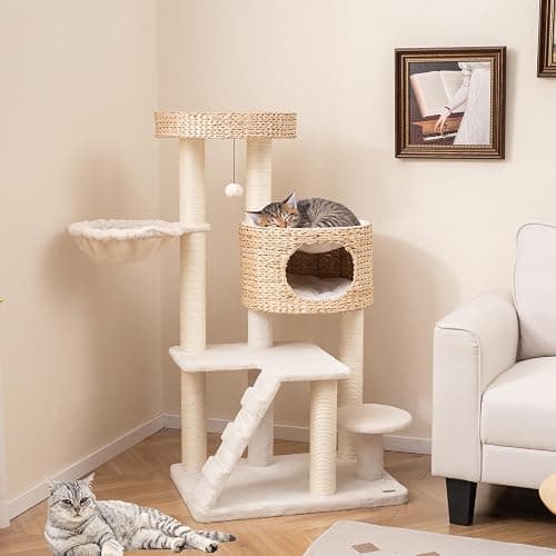 PETSITE 50 inch Cattail Cat Tree Tower, Multi-Level Cat Tower with Sisal Scratching Posts, Cat Condo, Cat Basket, Ladder, and Top Perch with Removable Soft Cushion, Modern Cat Tree for Indoor Cats thumbnail 2