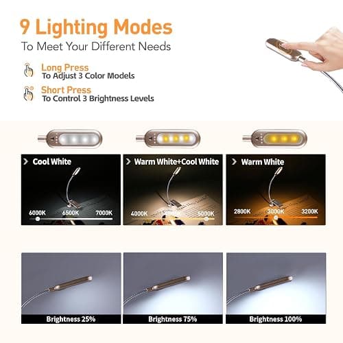 VAVOFO Rechargeable Book Light for Reading in Bed Kids, 7 LED Reading Light with 9-Level Warm Cool White Daylight, Eye Care Lamp with Power Indicator for Bookworms (Champagne Gold) thumbnail 3