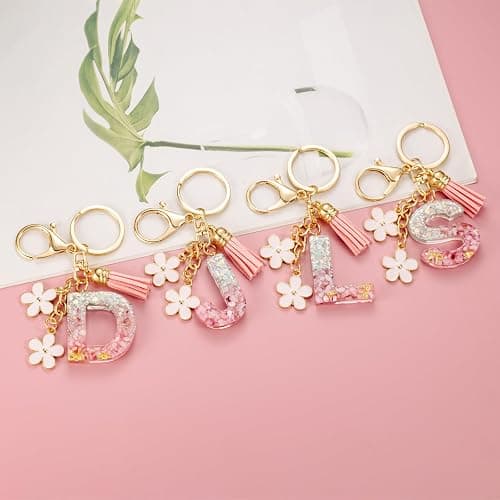 SELOVO Girls Pink Flower Chain Cute Keychain Initial Keychain Key Chain for Women thumbnail 2