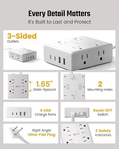 10Ft Extension Cord with Multiple Outlets, Flat Plug Surge Protector Power Strip 10 Ft Long Cord, 8 Outlets & 4 USB Ports (2 USB C), Desk Charging Station for Home Office, College Dorm Room Essentials thumbnail 8