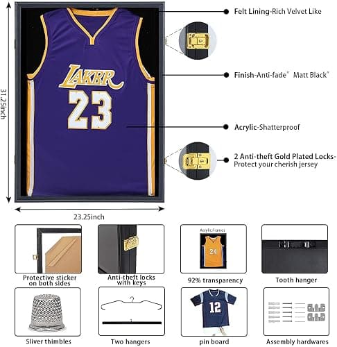 Jersey Display Frame Case, Large Lockable Shadow Box Sports Jersey Frame with 98% UV Protection Acrylic and Hanger for Baseball Basketball Football Shirt thumbnail 2
