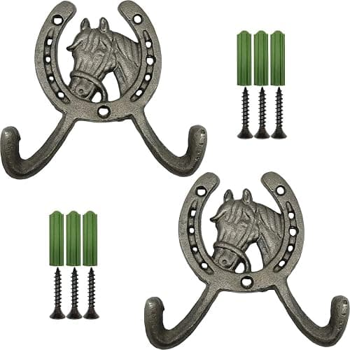 TIHOOD 2PCS 4.5" Horse Head Horseshoe Western Double Cast Iron Wall Hooks, Horse Shoe with Horse - Image 1