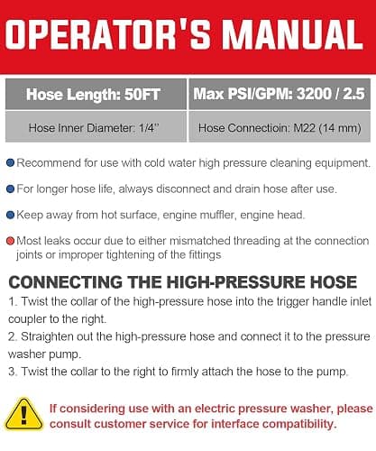 YAMATIC Pressure Washer Hose 50FT 1/4" ID, Standard (2) M22 Brass Fittings, 3200 PSI Kink-Resistant Replacement for Ryobi, Troy Bilt, Greenworks, CRAFTSMAN M22 Threads Power Washers thumbnail 8