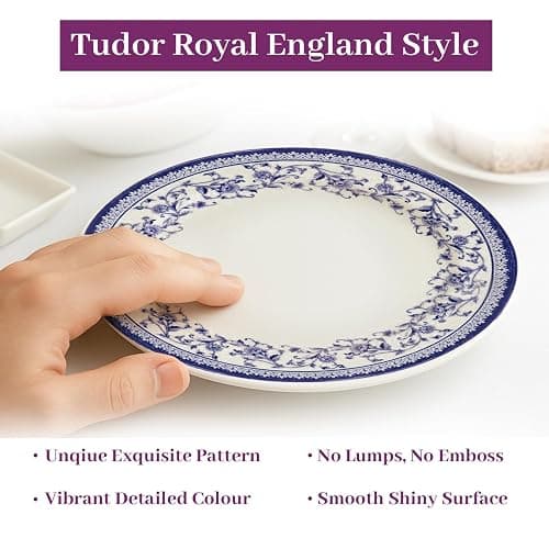 Tudor Royal 12-Piece Round Porcelain Dinnerware Set, Service for 4 - Aster BlueDesign, Multicolor Floral, Plates Bowls Mugs Dishes, Premium Quality Tableware, Unique Pattern, Glossy thumbnail 5
