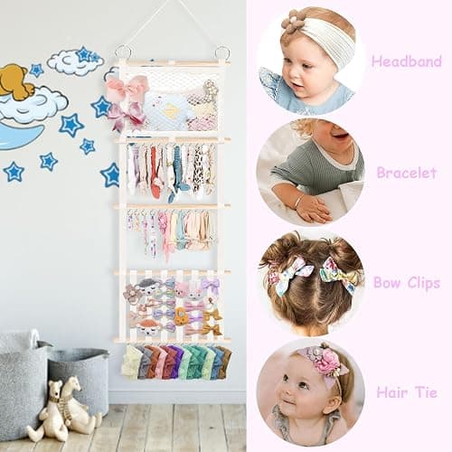 Headband Holder Hair Bow Organizer for Girls, 52x17 inch Beige Wall Hanging Headband Hanger Shelf w/Mesh Pocket, Baby Hair Accessories Organizer Storage for Toddler Nursery Kids Room Decor thumbnail 4