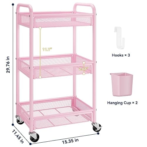 YASONIC 3 Tier Rolling Cart – Metal Utility Storage Cart with Wheels, Craft Cart Organizer with Hanging Cups, Hooks, Mesh Basket for Bedside Kitchen Office Art, Pink thumbnail 2