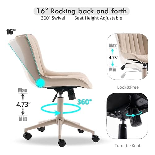 YOUNIKE Cream Home Office Desk Chair with Wheels Armless Compact Comfy Vanity Chair with Adjustable Back Modern Small Leather Upholstered Rolling Swivel Cute Computer Task Sewing Chair No Arms thumbnail 3