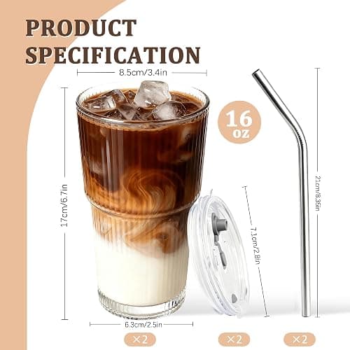 2 Packs Ribbed Glass Tumbler with Lid and Straw 16 oz Cute Ice Coffee Cup Set for Smoothie Juice Matcha Tea Latte Cappuccino Espresso Hot Coffe Water Reusable Clear Travel Mug Aesthetic Drinking Mug thumbnail 2