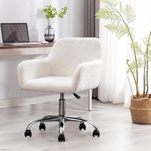 HomVent Faux Fur Home Office Chair for Women Girl, Modern Accent Chair Furry Makeup Desk Chairs with Rolling Wheels Armrest for Living Room Bedroom Office Vanity White - Image 1