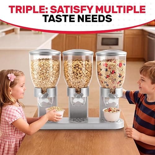 Adorabby Triple Cereal Dispenser - 3 Pack 2L Large Cereal Containers Storage Airtight, Rotating Plastic Cereal Dispenser for Countertop, Pantry Organizer for Cereal, Rice, Grains, Candy, Coffee Beans thumbnail 5