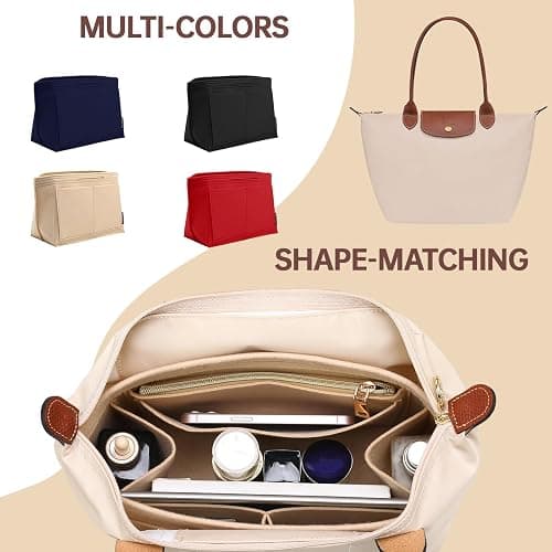OPPOSHE Purse Organizer Insert for Longchamp Le Pliage, Premium Felt Long Champ Bag Handbag Women, Tote Organizer Insert with 9 Compartments (Large, Beige) thumbnail 5