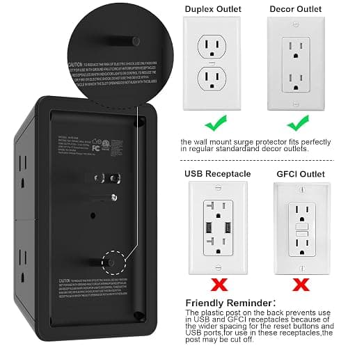 Outlet Extender USB Wall Charger - POWRUI 6 AC Surge Protector Outlets with 3 USB Ports (1 USB C) and Night Light, 3-Sided Multi Plug Wall Outlet Power Strip with Spaced Outlets, ETL Listed, Black - 2U1C - Black thumbnail 4