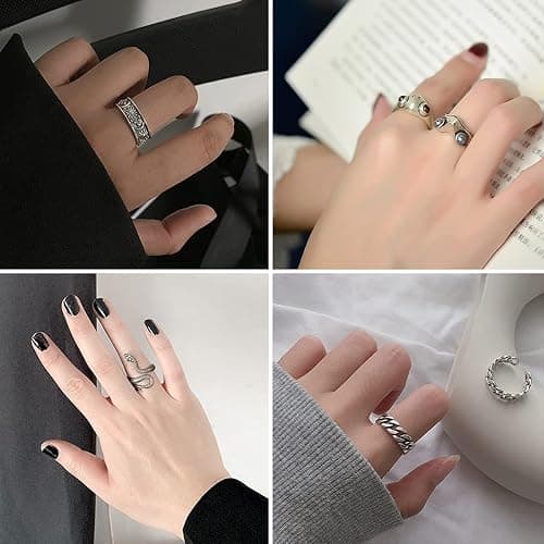 AIDSOTOU Mens Vintage Open Rings Set Frog Snake Skull Cool Punk Goth Ring for Men Women Adjustable (Silver-16 PCS) thumbnail 6